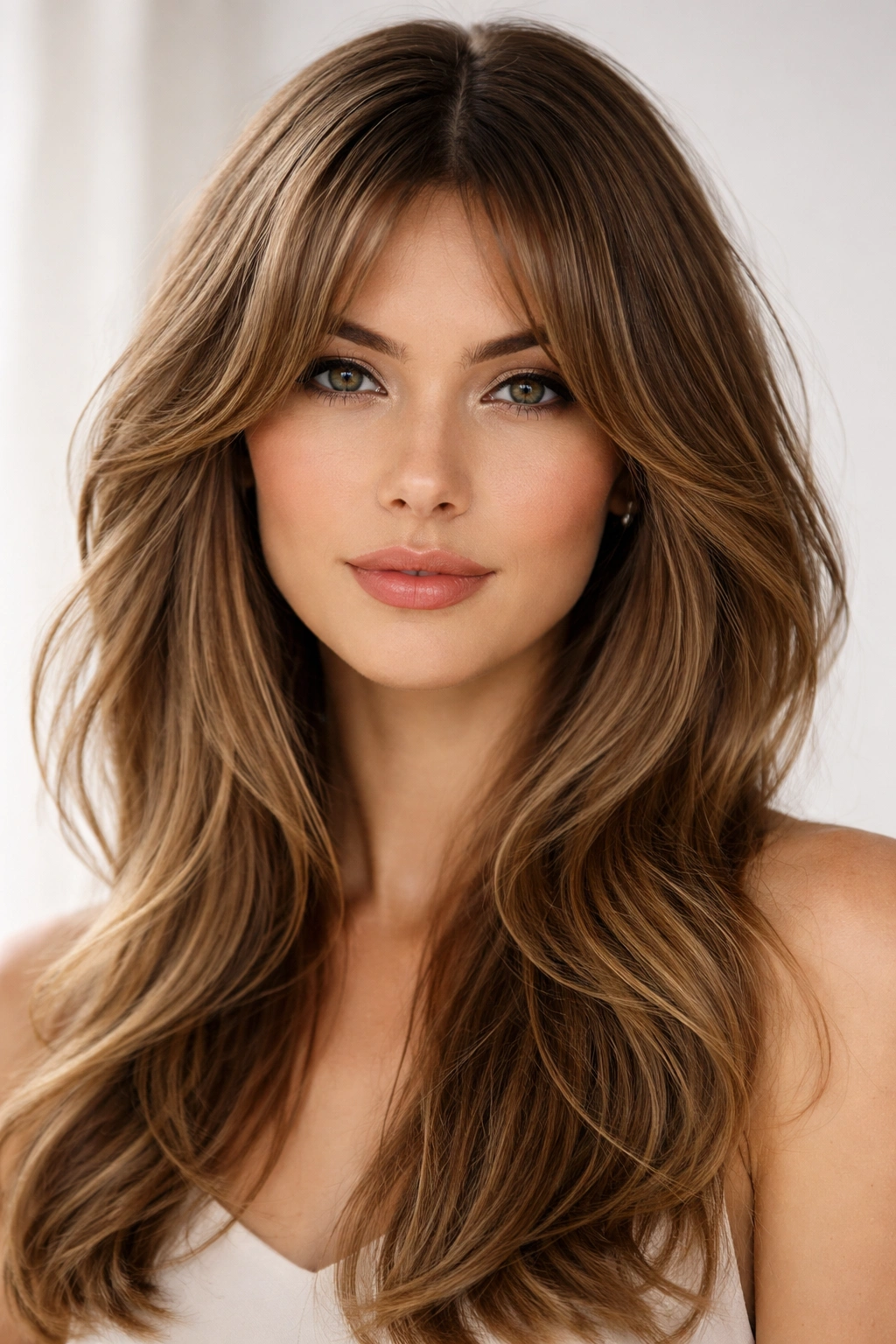 Curtain bangs with middle-parted layers framing the forehead.