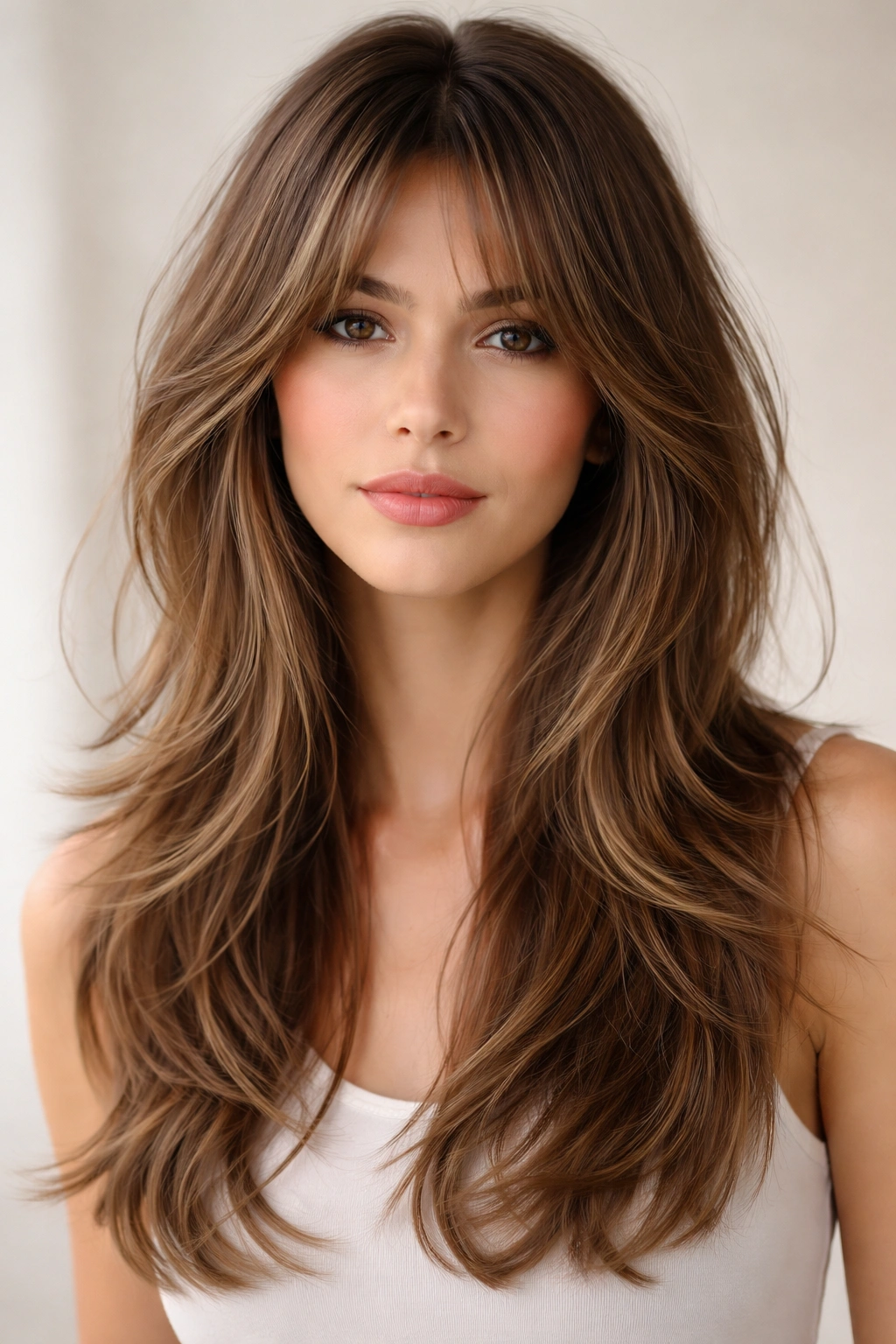 Model with curtain bangs and layered hair showcasing face-framing movement