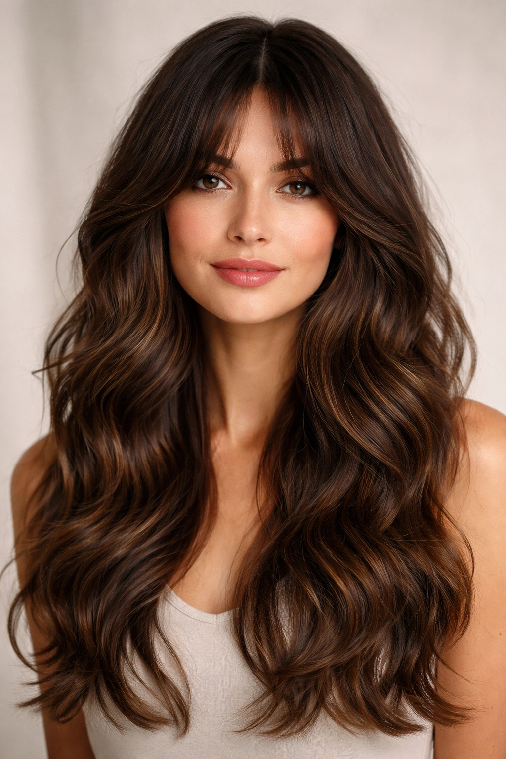 Close-up of thick wavy hair with long curtain bangs and layered movement