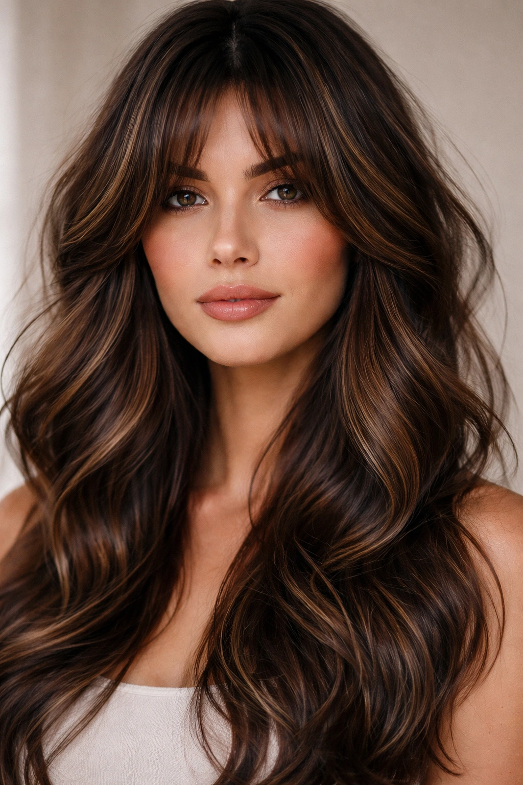 Close-up of curtain bangs with lowlights adding dimension to thick wavy hair.