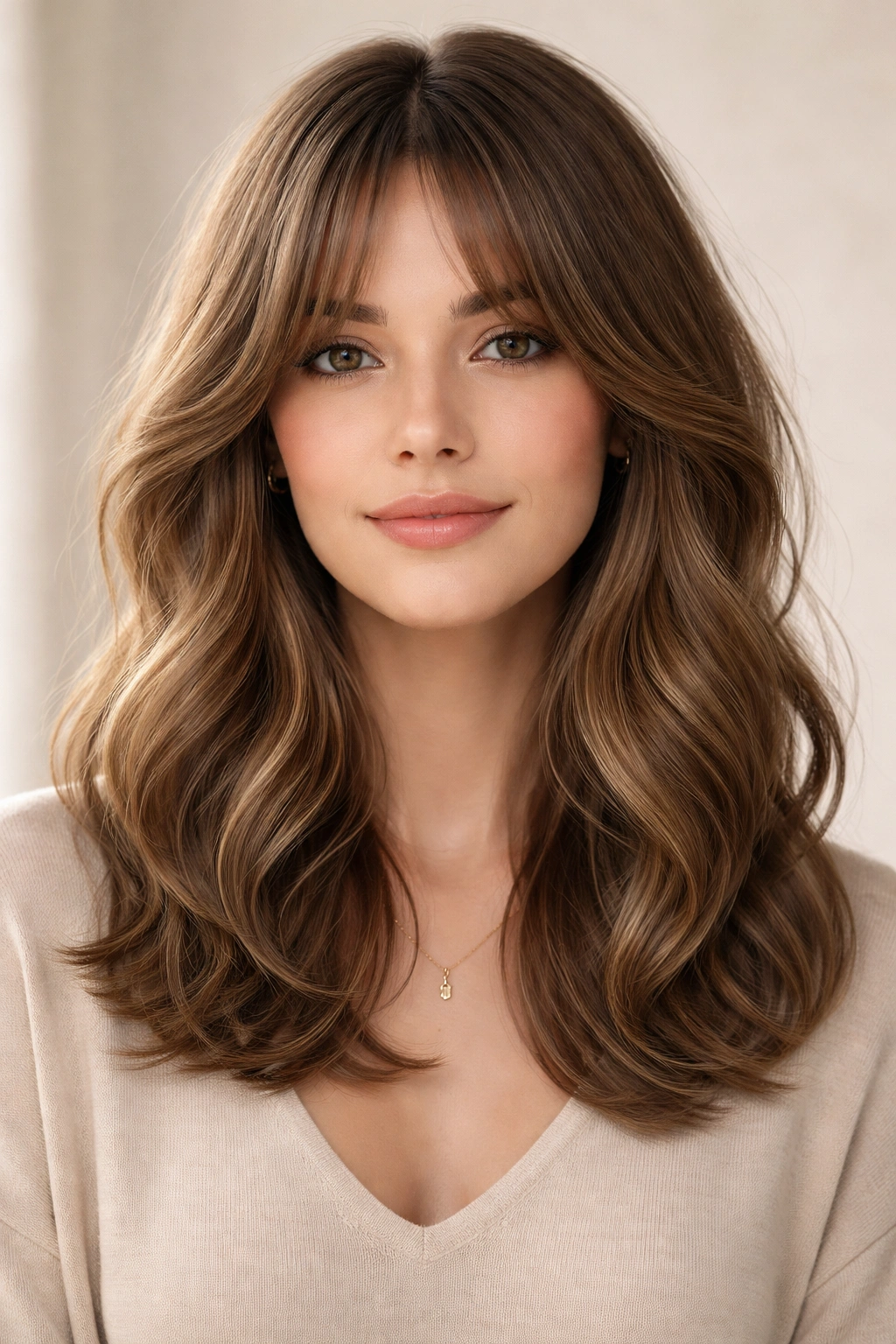 Shoulder-length waves with curtain bangs and minimal layers