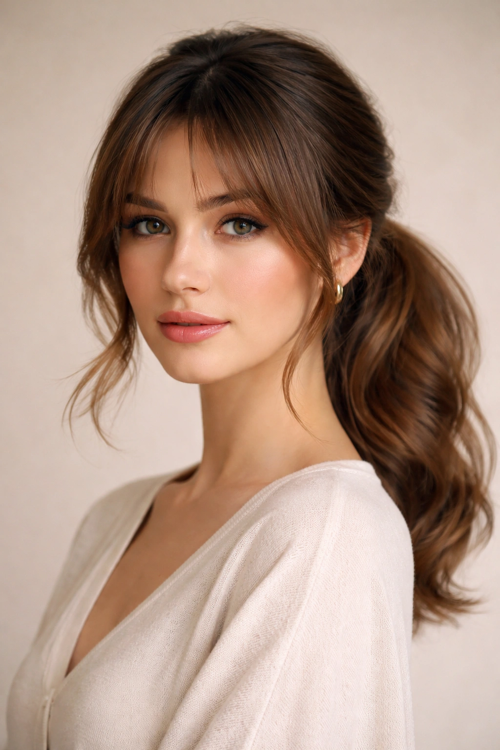 Portrait of curtain bangs with a soft rounded low ponytail against a neutral backdrop.