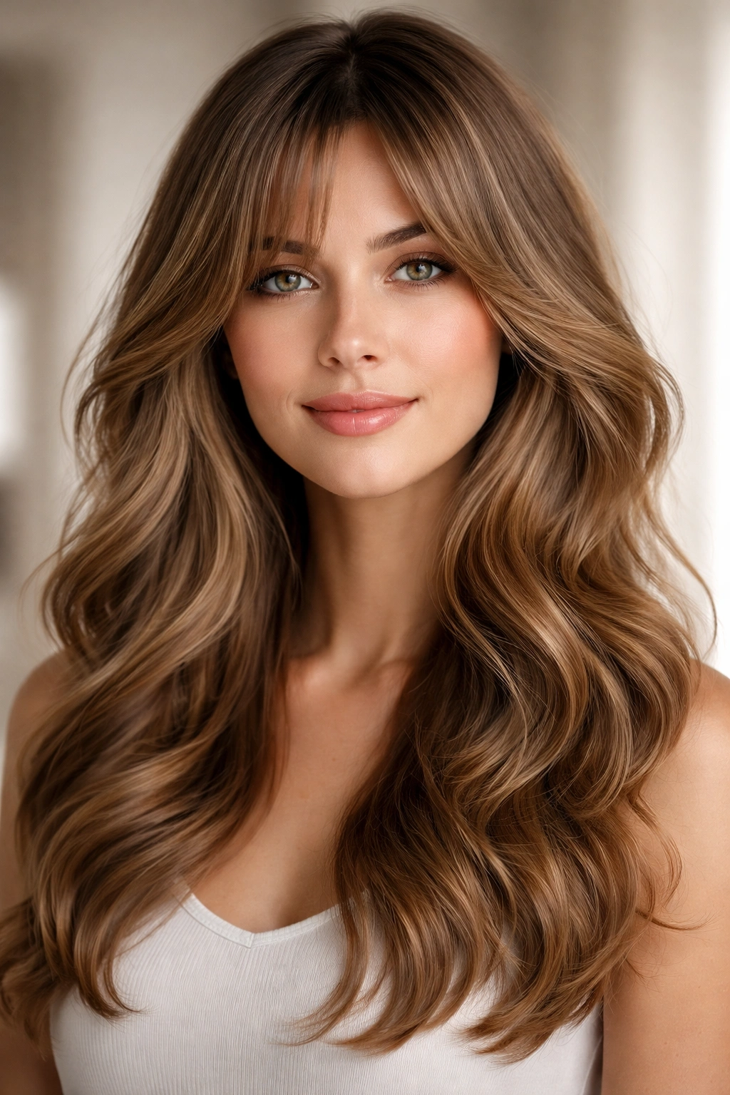 Curtain bangs framing soft waves