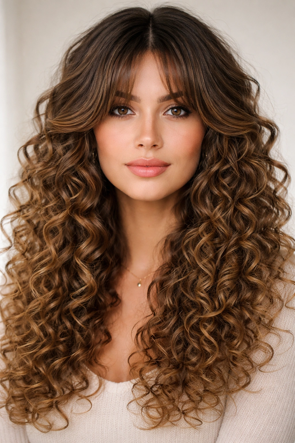 Portrait of a person with curtain bangs and spiraled curls framing the face.