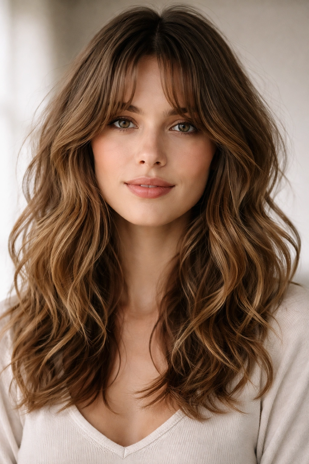 Curtain bangs parting in the middle with textured waves