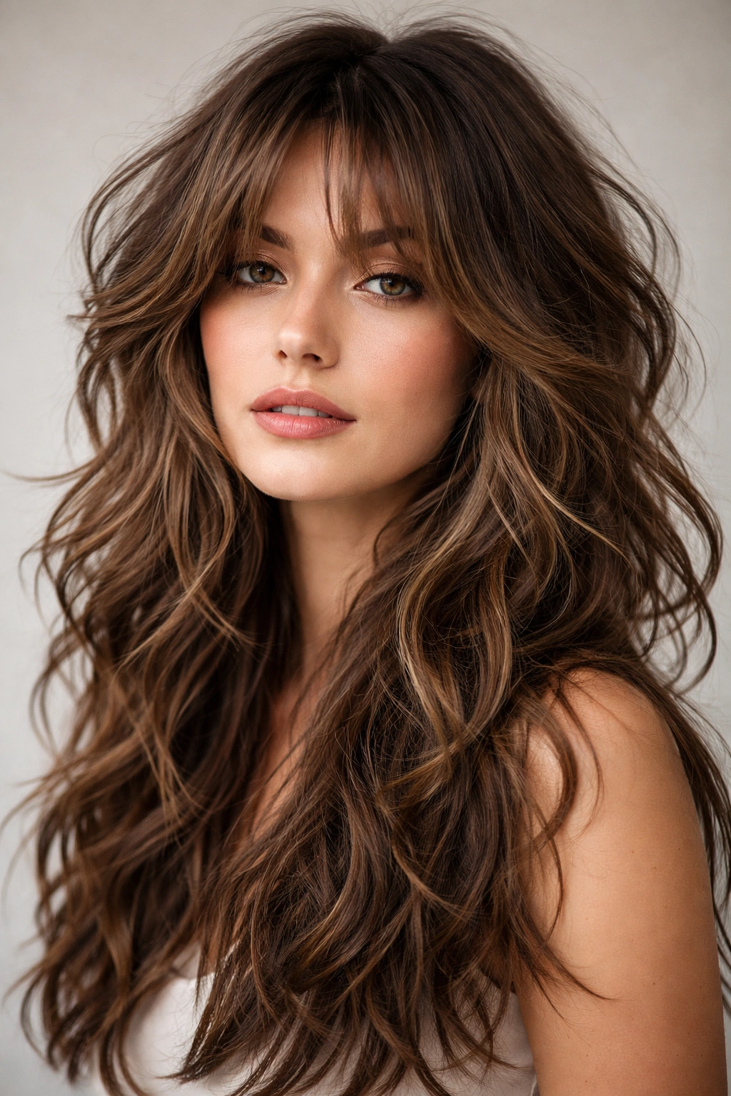 Close-up of thick, wavy hair styled in a textured wolf cut with curtain bangs.