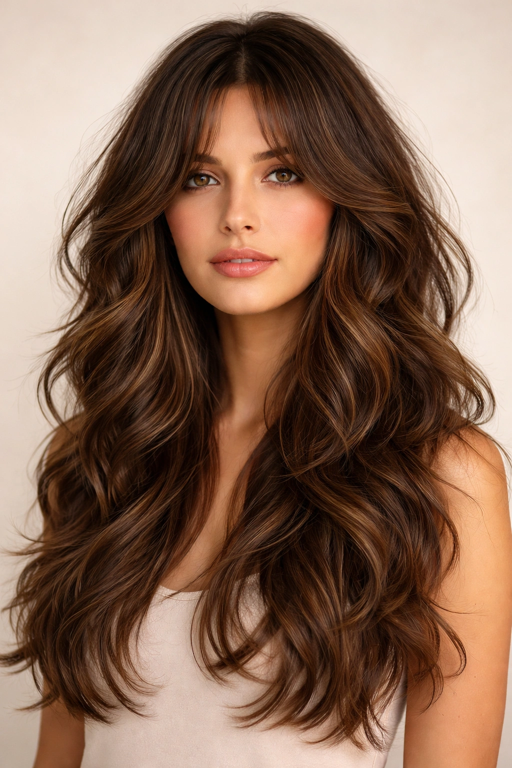 Close-up of curtain bangs integrated with thick layered hair for volume and movement.