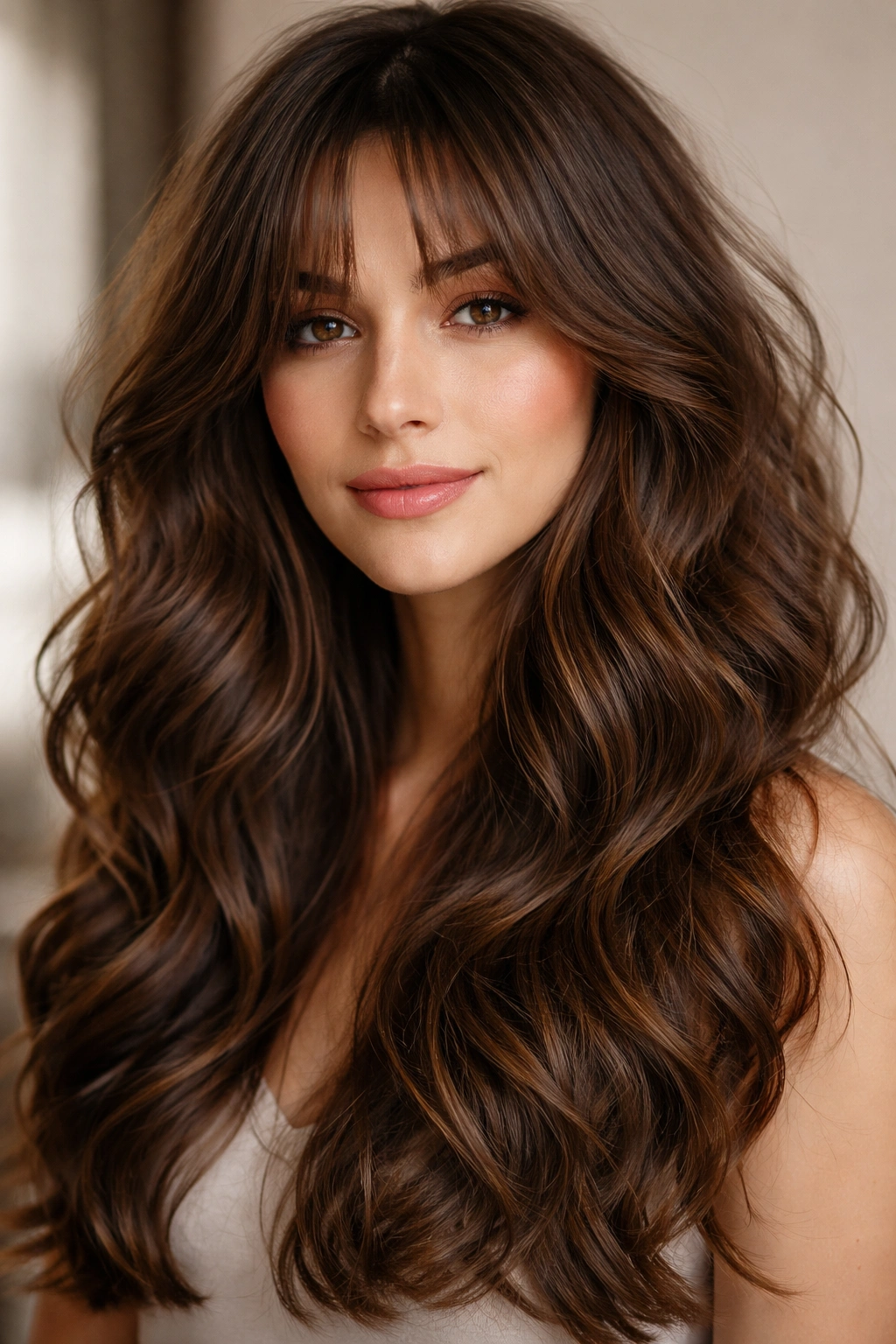 Close-up portrait of thick wavy hair with curtain bangs showing natural texture