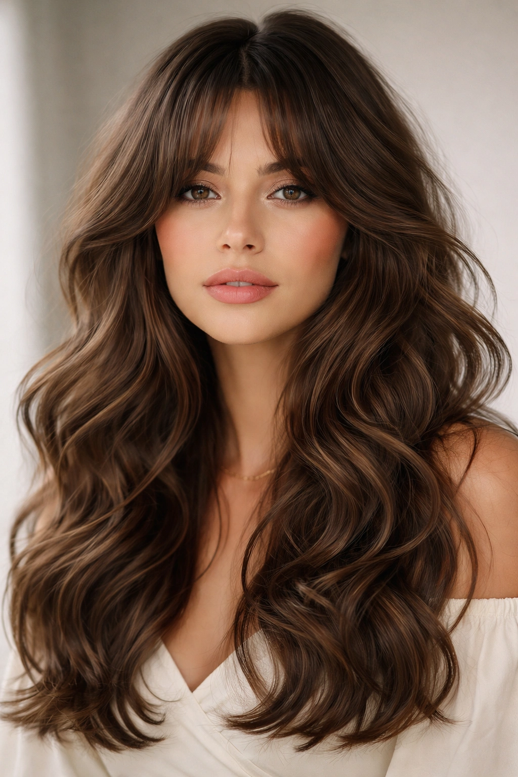 Curtain bangs with loose voluminous waves throughout the hair.