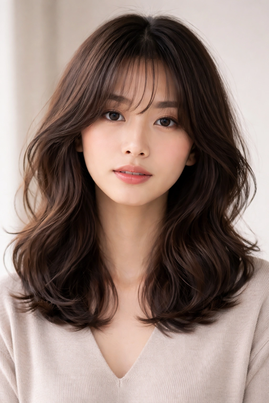 Portrait of shoulder-length waves with curtain bangs, highlighting face-framing movement