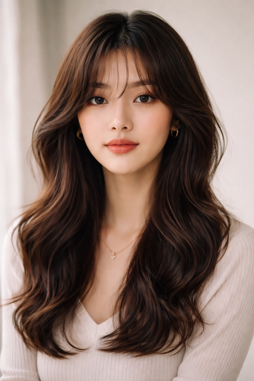 Model with curtain bangs and flowing waves framing the face.
