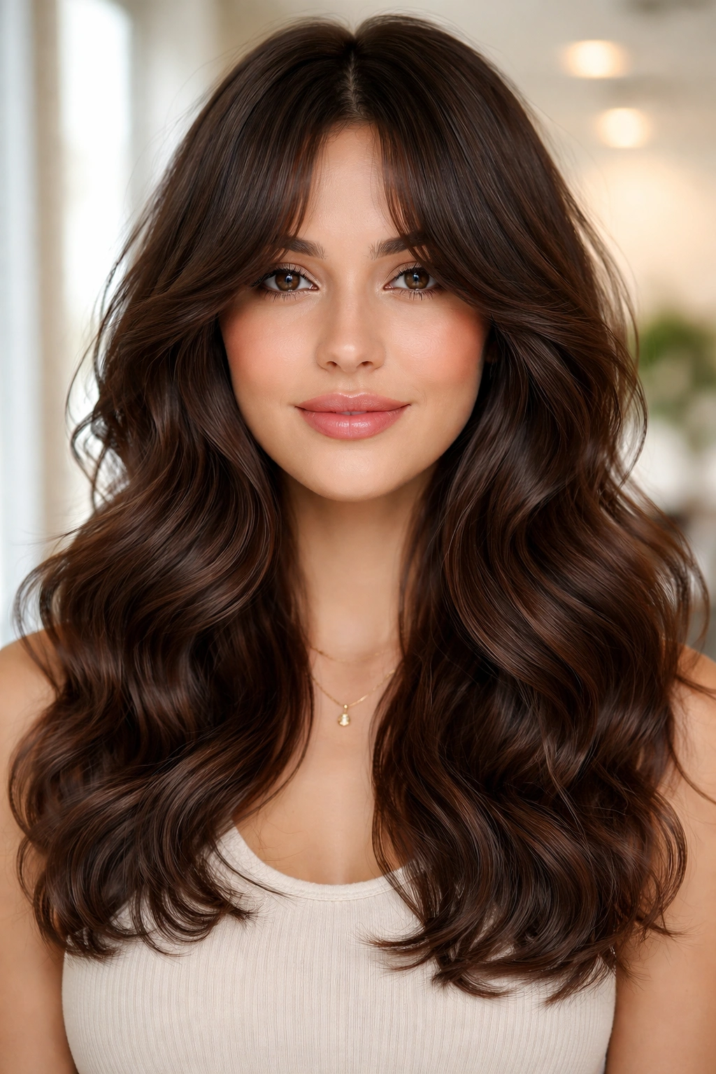 Front view of curtain bangs with a center part on thick wavy hair