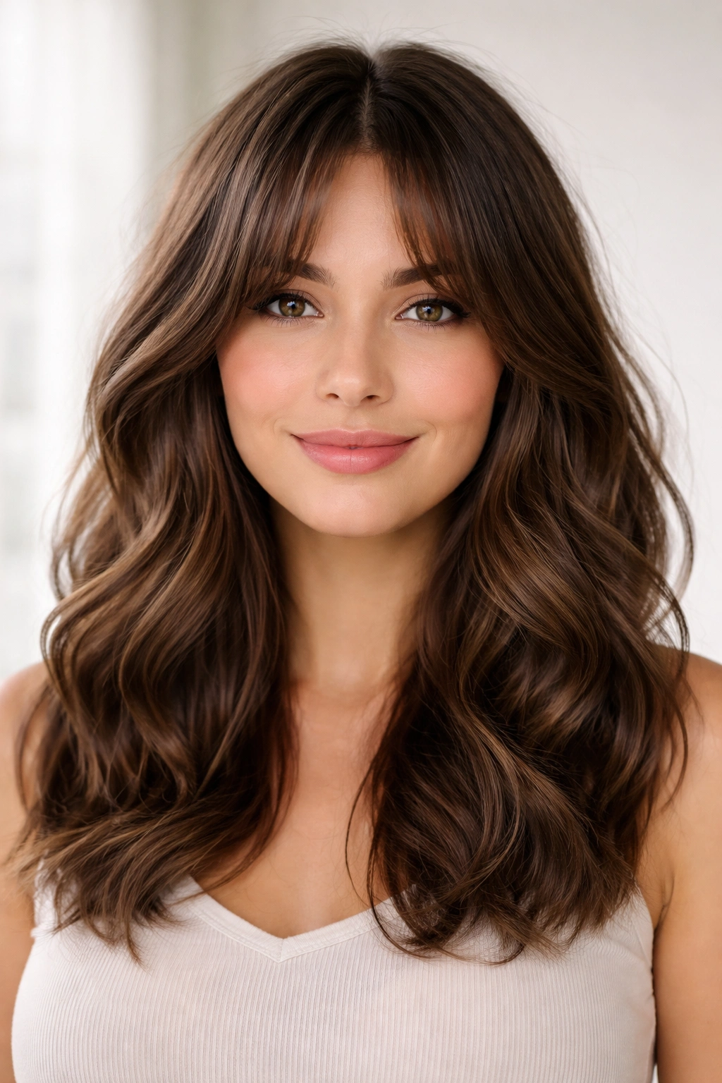 Curtain bangs with mid-length textured waves framing the face