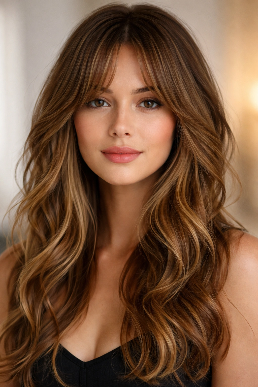 Curtain bangs with loose waves framing the face