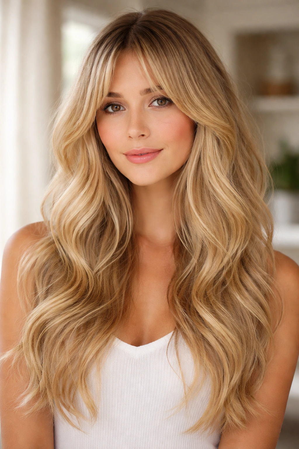 Long blonde hair with curtain bangs and waves.