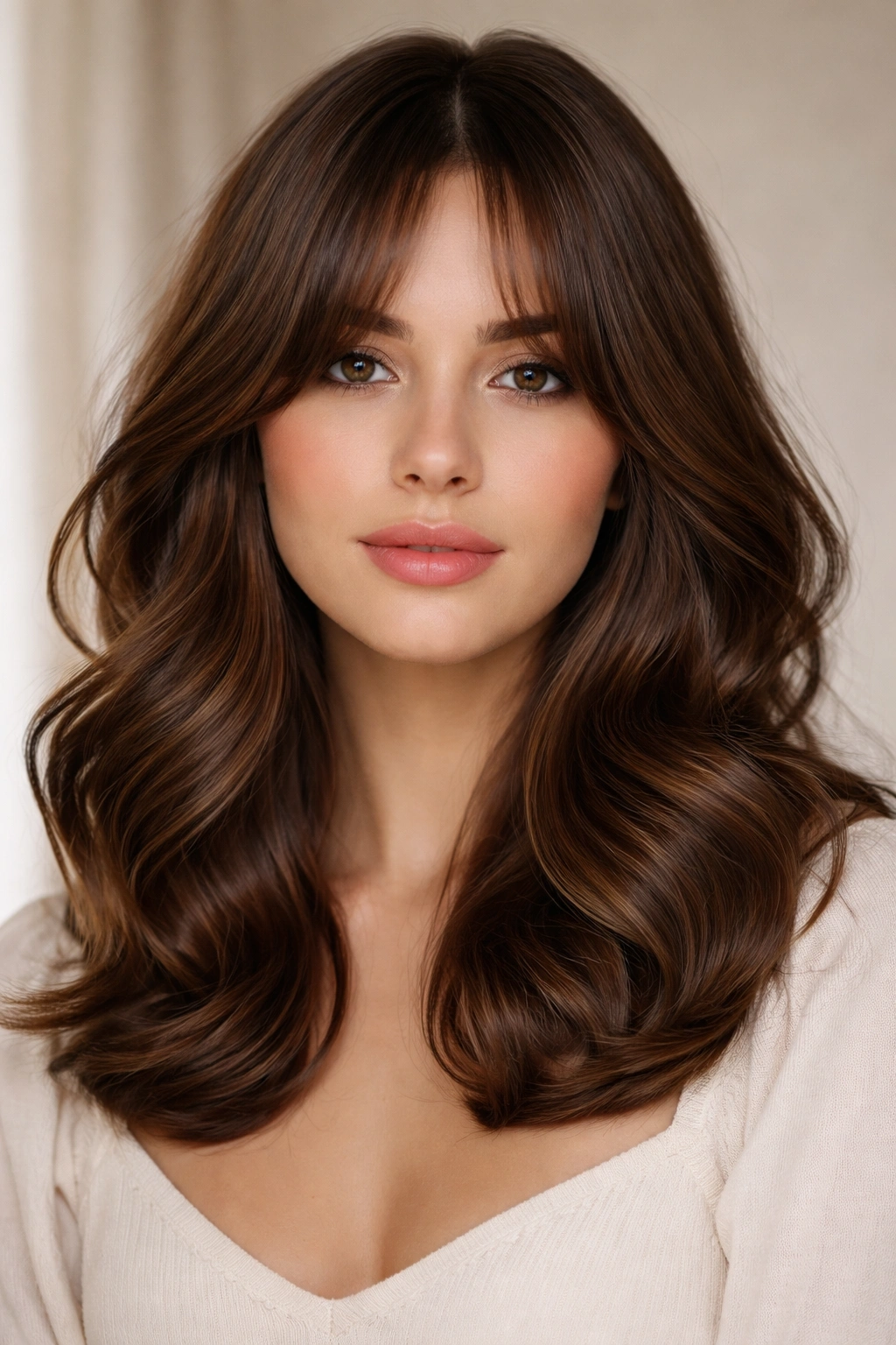 Brown shoulder-length hair with curtain bangs and bouncy waves