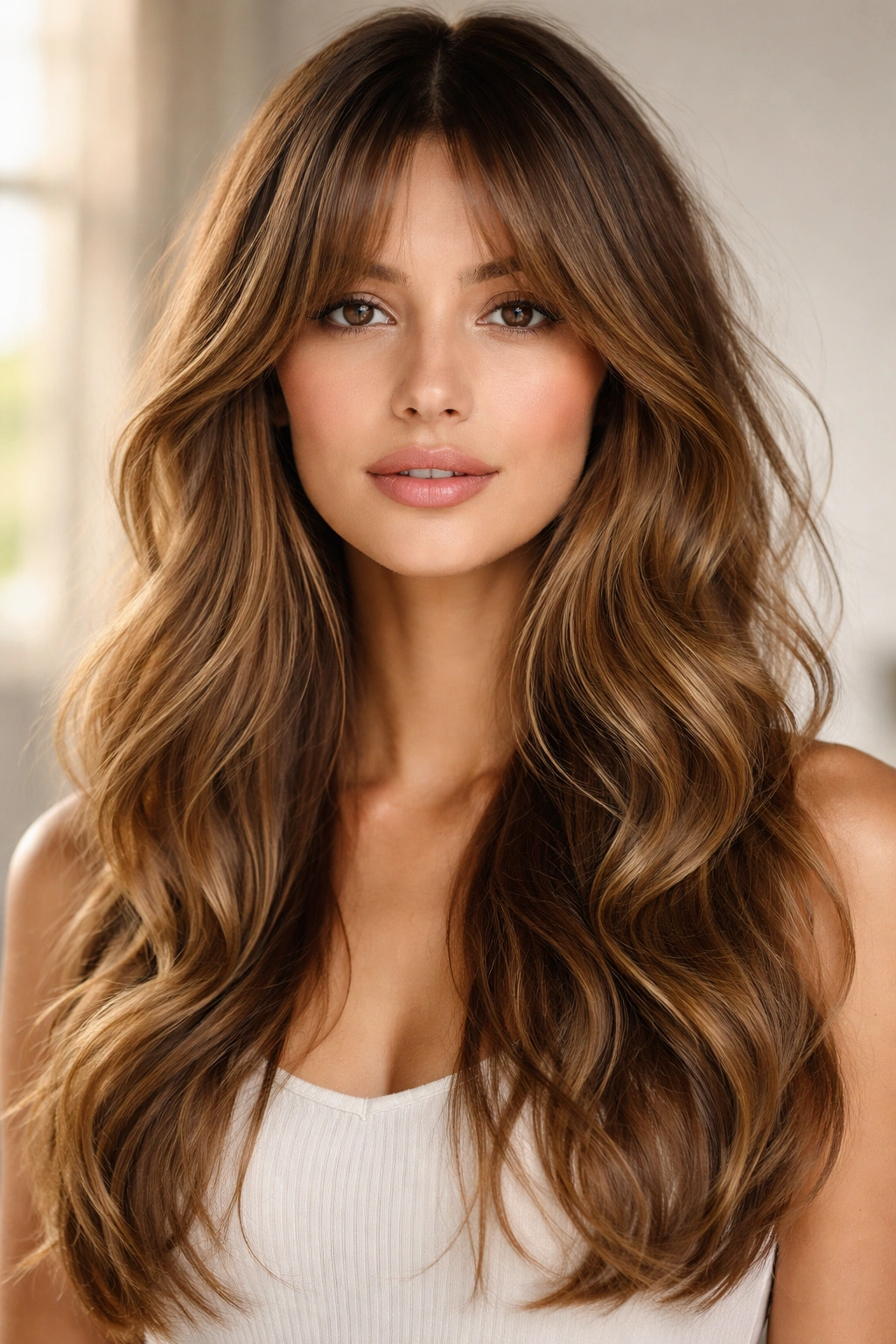 Curtain bangs with waves framing the face