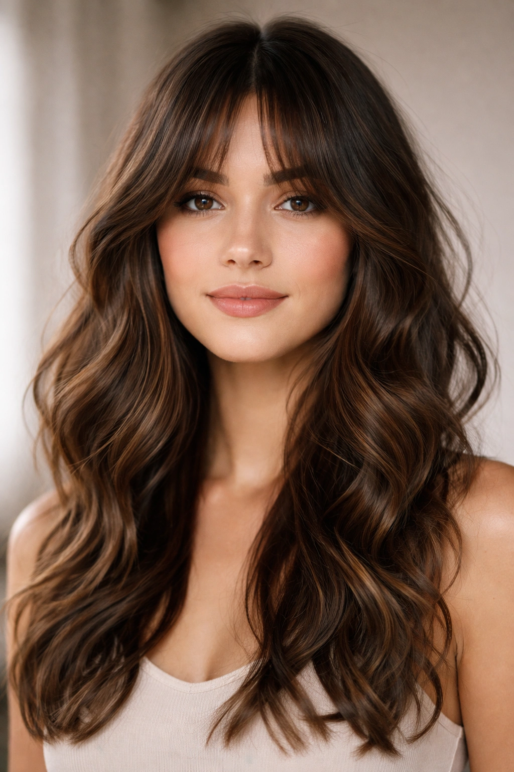 Close-up of face-framing curtain bangs with soft wave texture