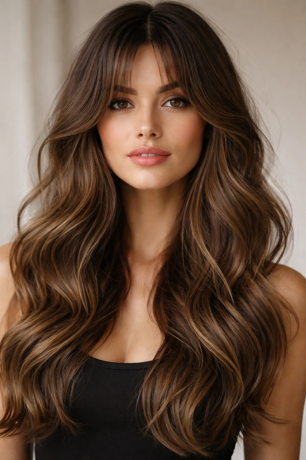 Model with curtain bangs and long waves for a modern, edgy look