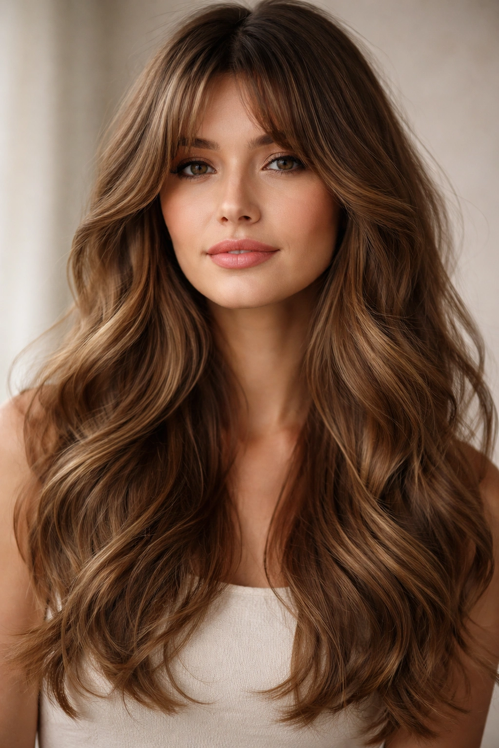 Close-up portrait of hair with curtain bangs and flowing waves, soft lighting