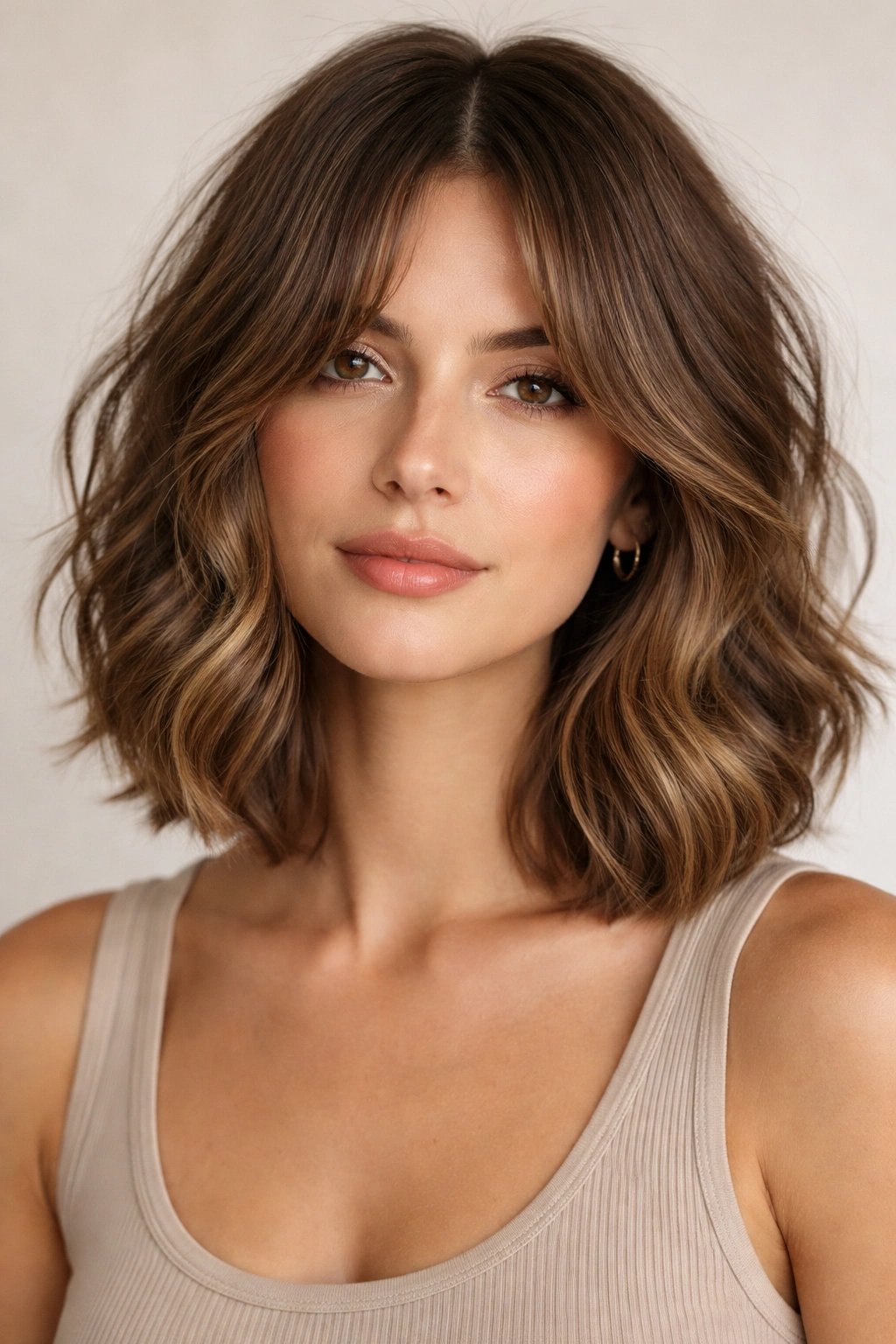 Portrait of curtain-bangs wavy bob with face-framing pieces and natural middle part