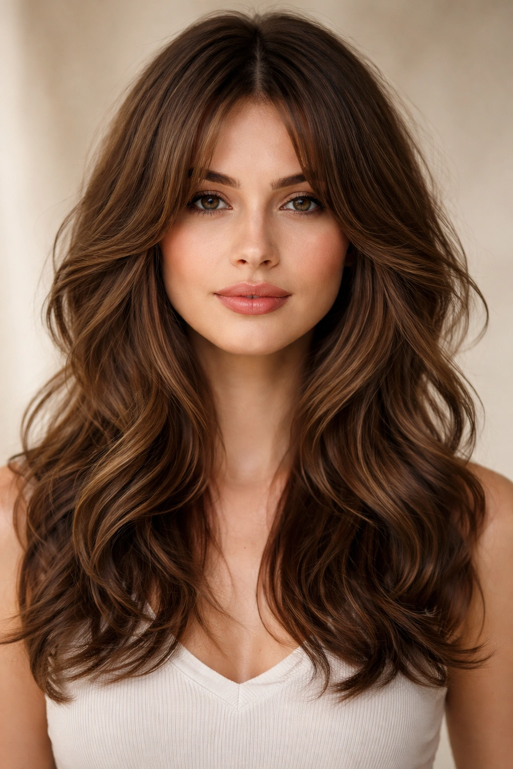Wavy butterfly cut with curtain bangs and center-parted front