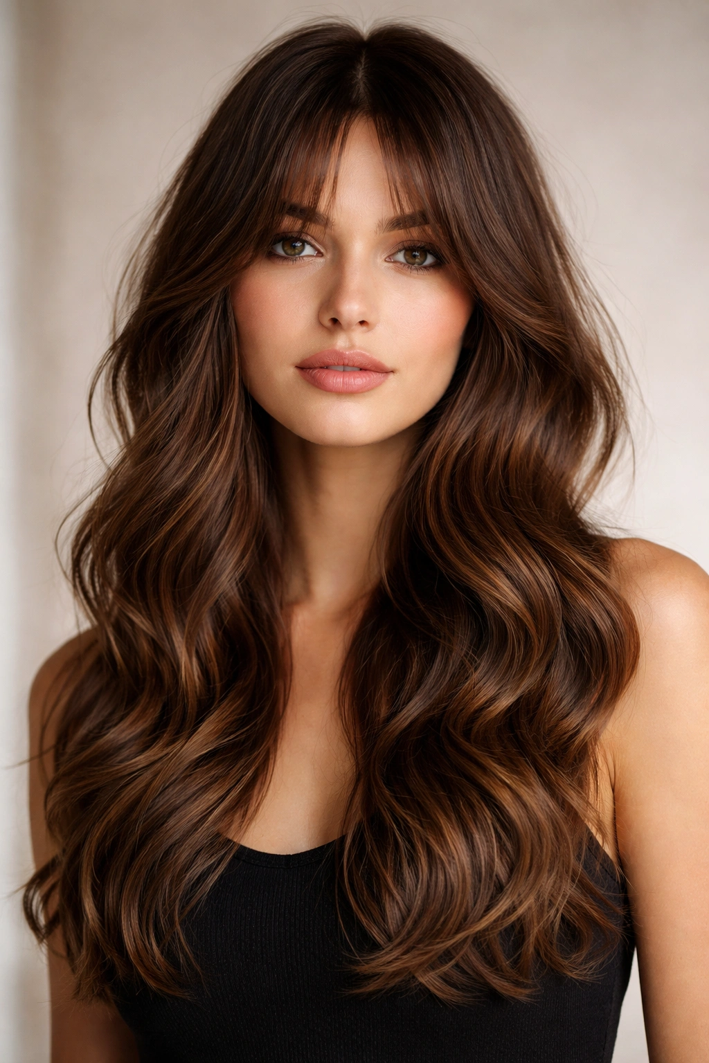 Medium close-up of brunette hair with curtain bangs framing the face.
