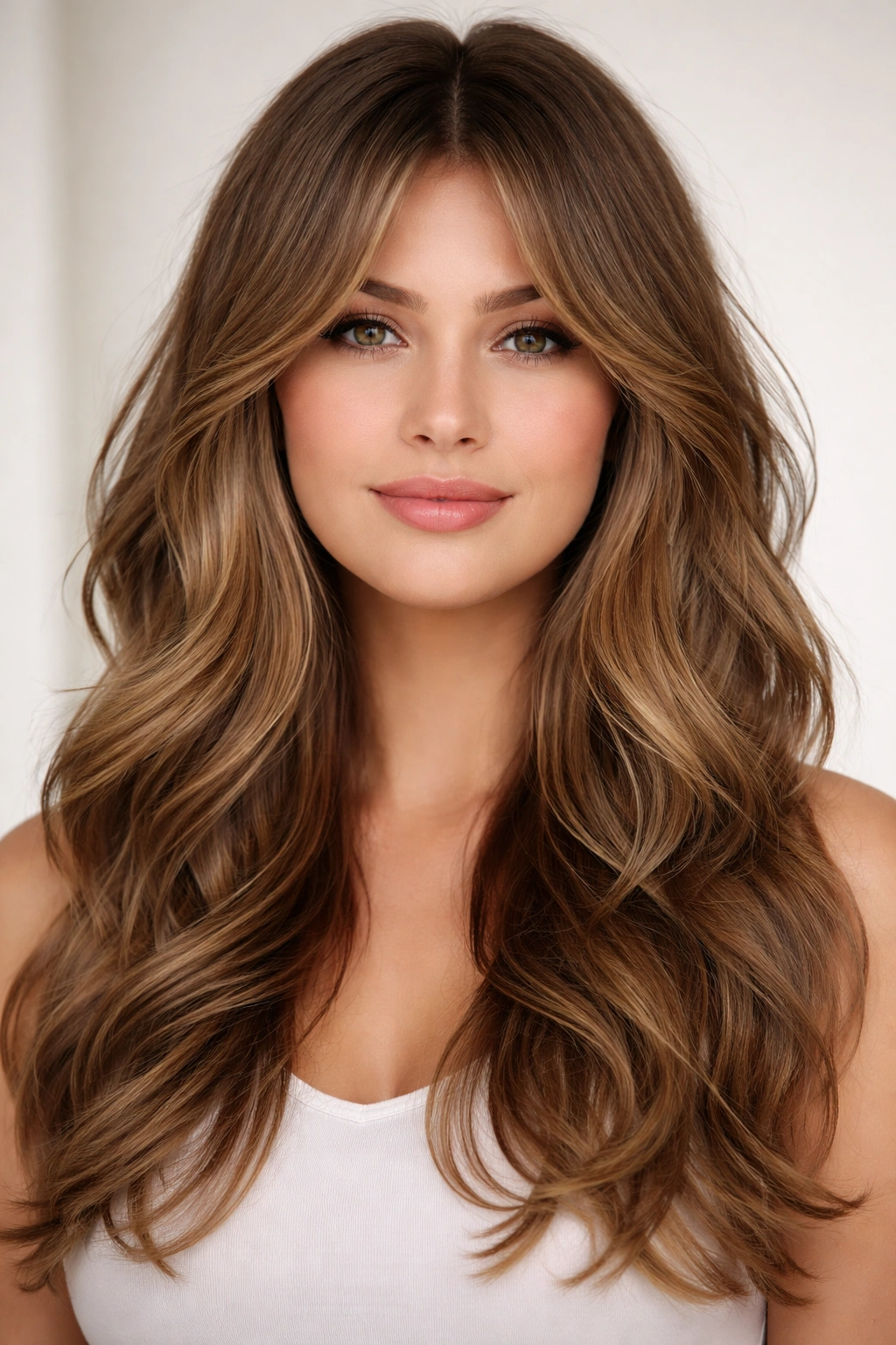 Curtain bangs with wavy layers framing the face.