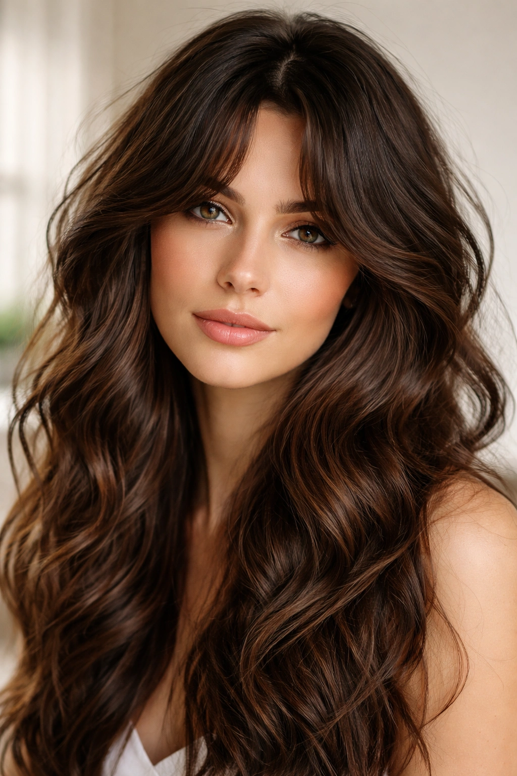 Curtain bangs with an off-center zigzag part.