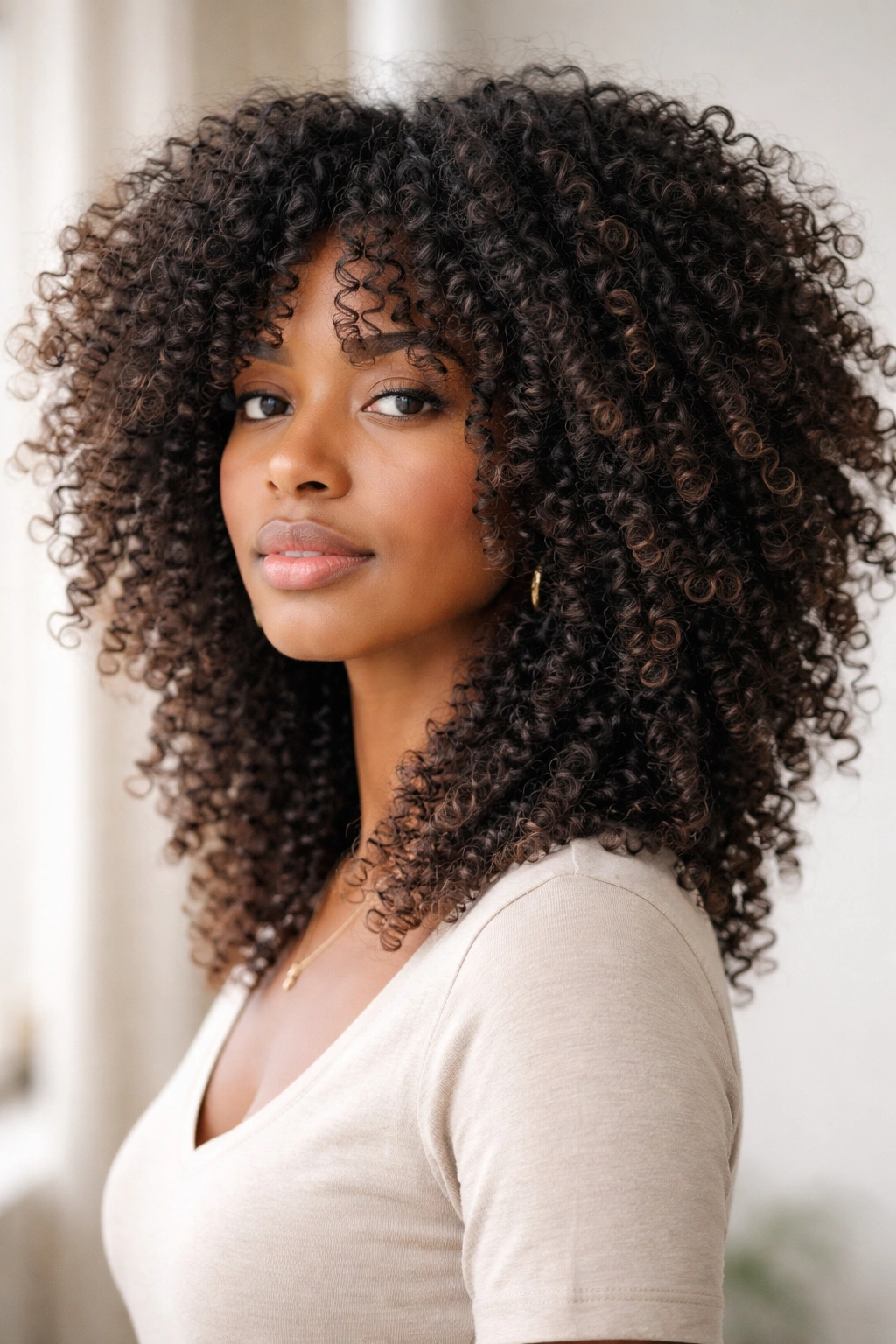 Face-framing curtain cut on coily hair with textured layer separation
