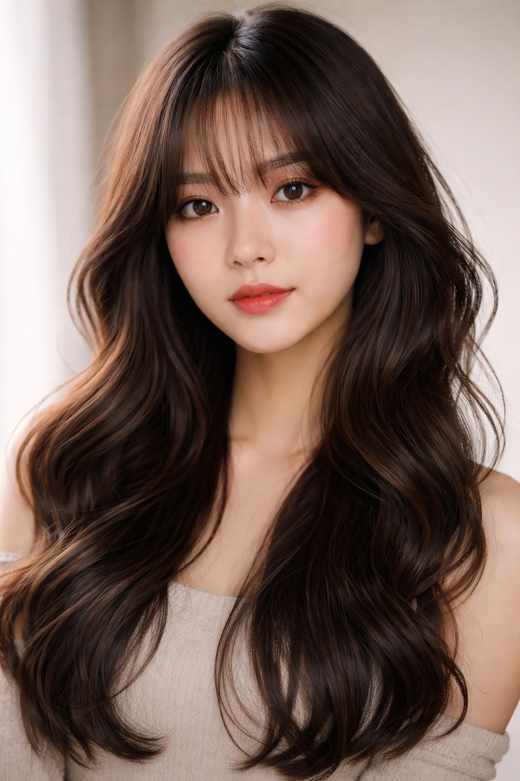 Curtain-style wavy hime fringe with outward-curving fringe and side locks