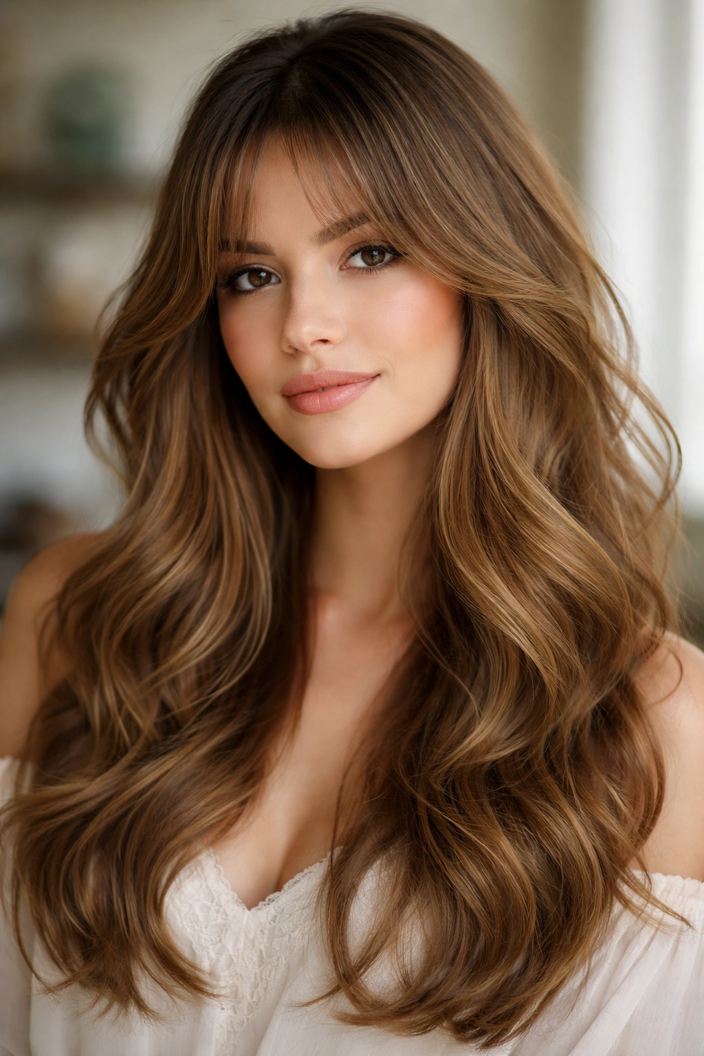 Portrait of wavy long layers with curtain fringe framing the face