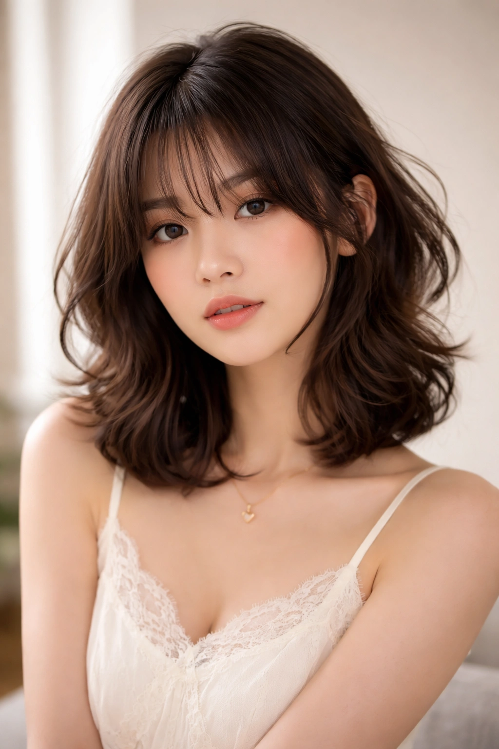 Portrait of tousled curtain hime hairstyle with parted bangs and delicate sidelocks