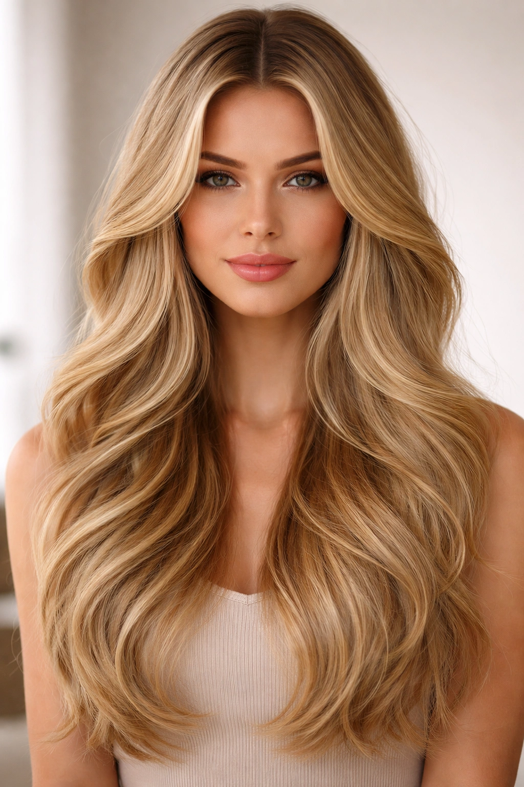 Long blonde curtain layers with center part.
