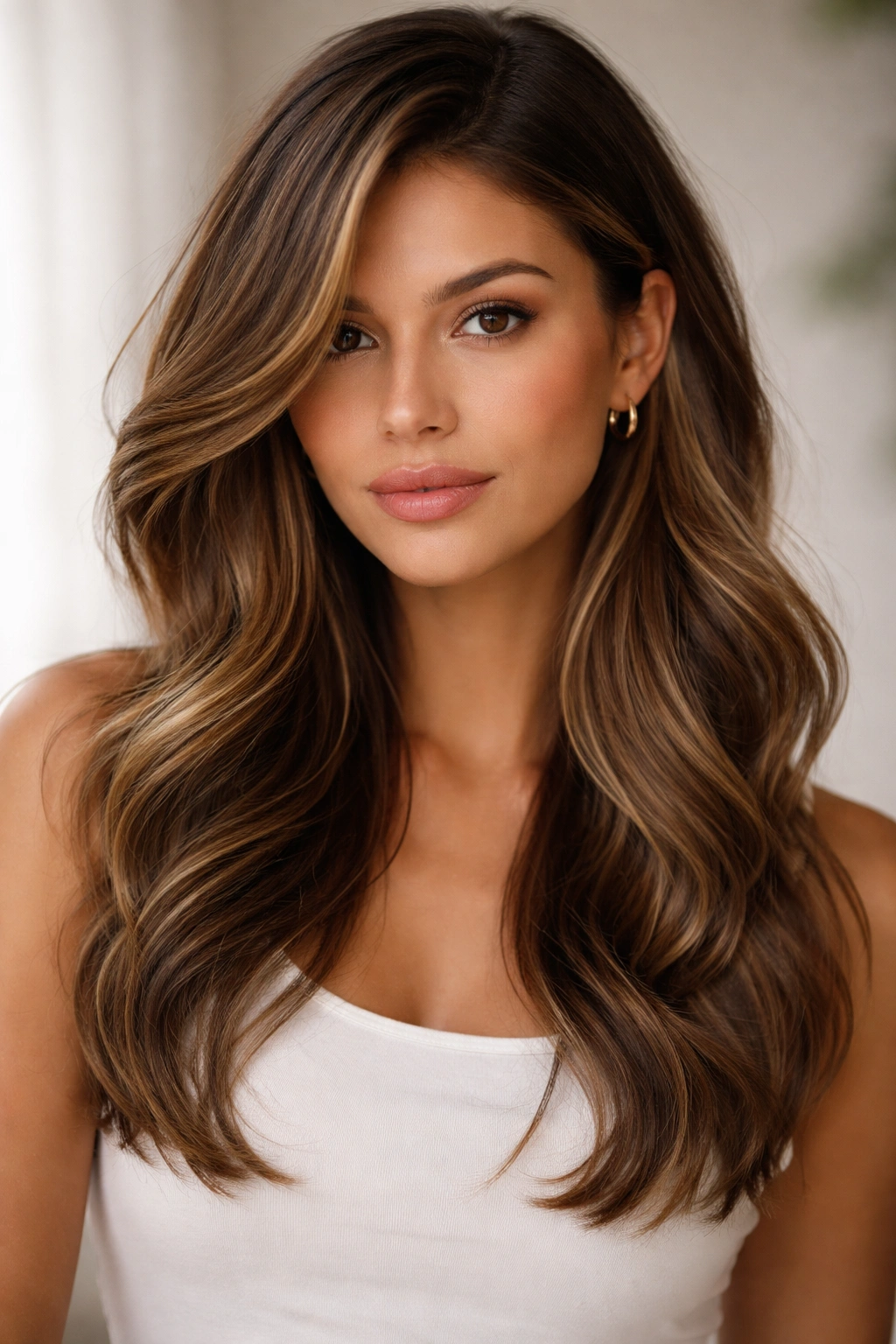 Curtain layers with a deep side part framing the face.