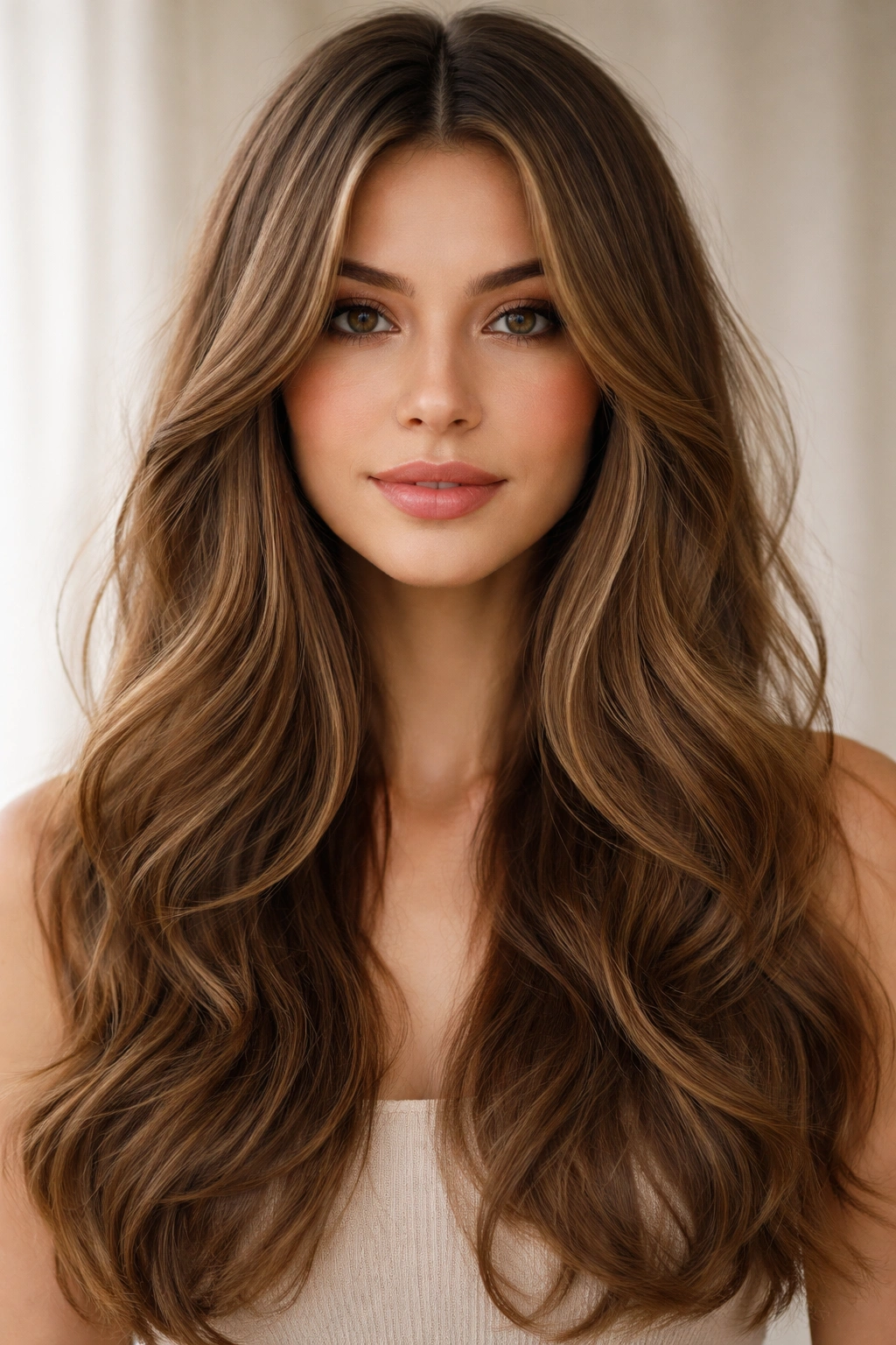 Long wavy hair with curtain layers framing the face along a middle part.