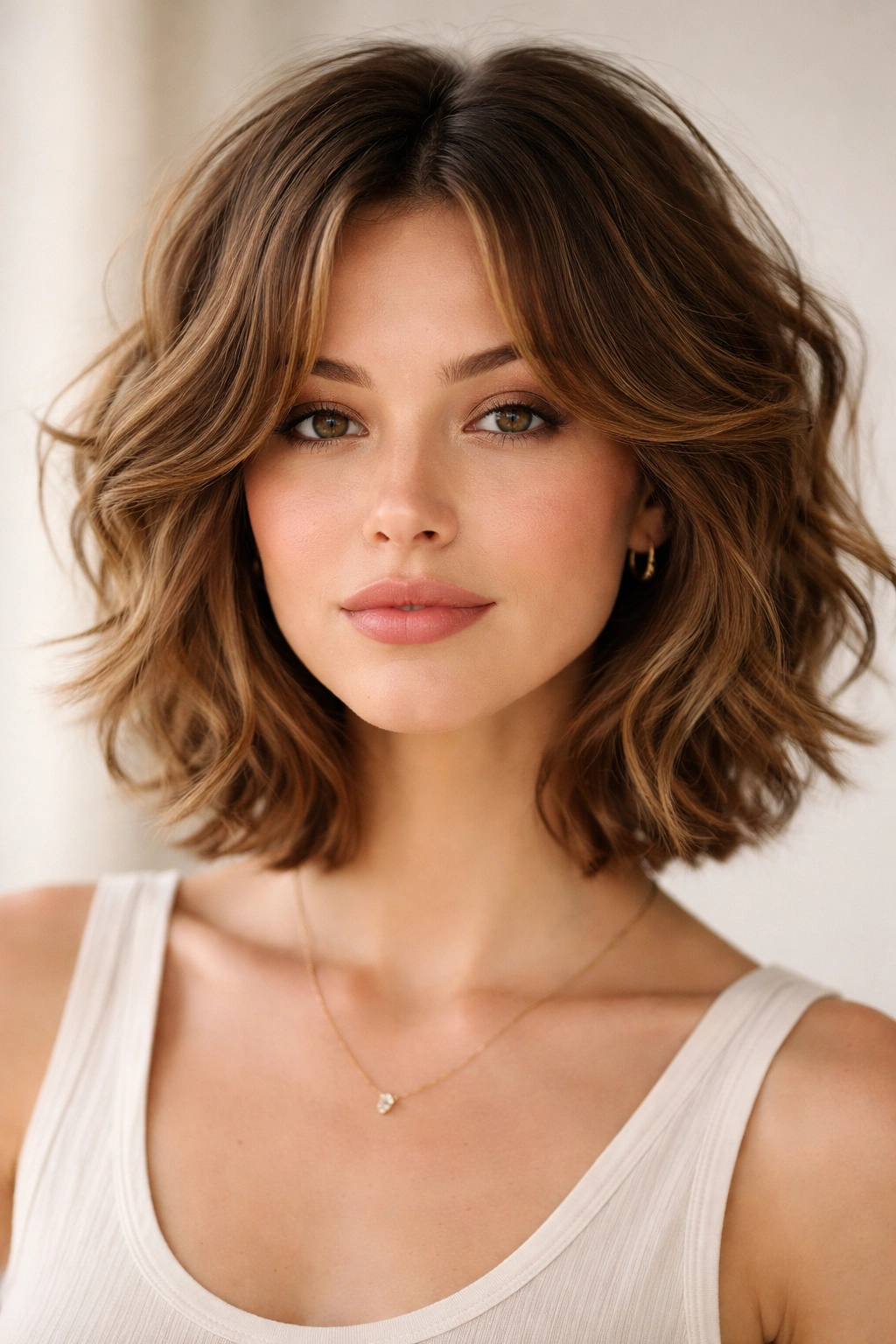 Portrait with center-parted wavy curtain layers framing the face