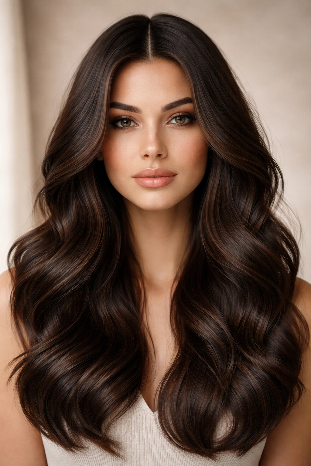 Close-up of dark brown curtain waves with a deep middle part on a studio backdrop