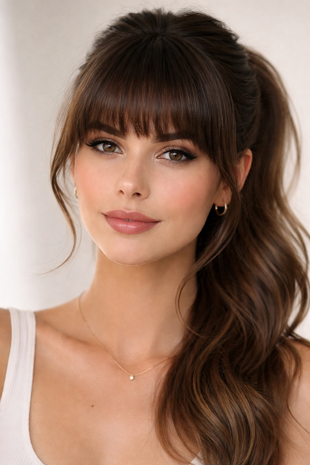 Close-up of a model with curved blunt bangs