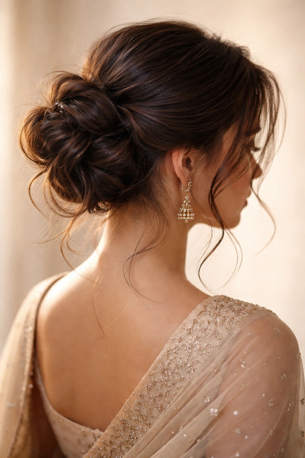 Close-up of an off-center curved bun with feathered edges