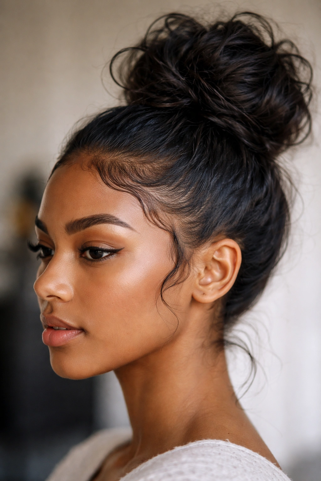 Close-up of a curved-edge bun with arched hairline design