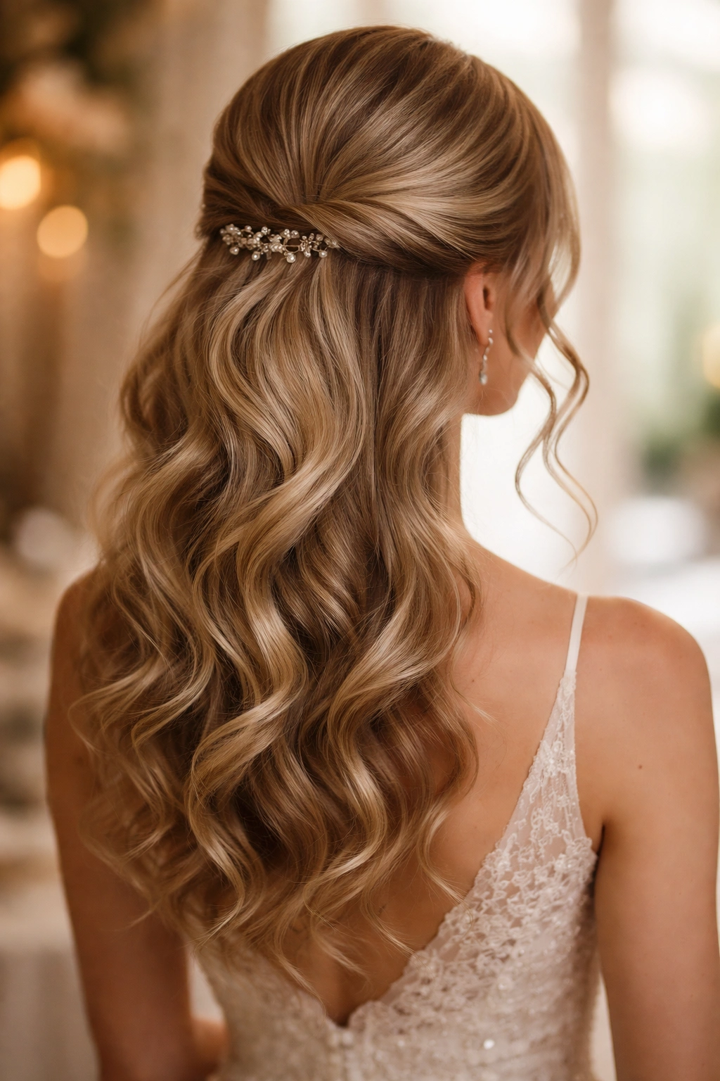 Curved half-up hairstyle with side tendrils framing the face