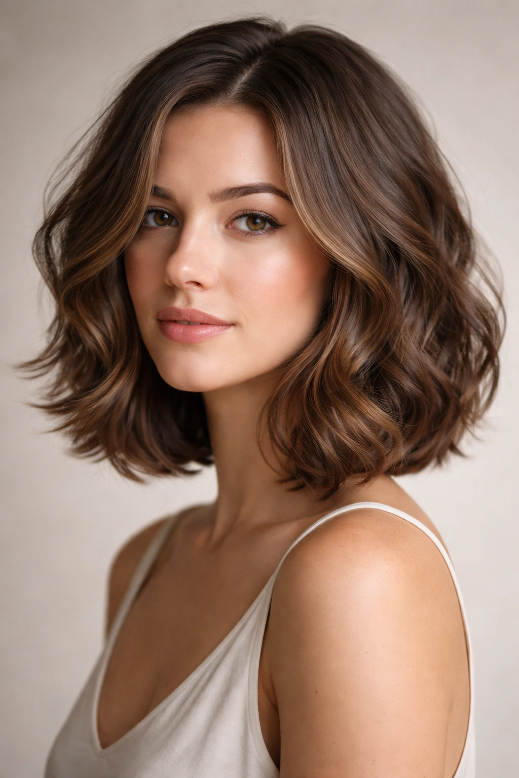 Curved inward-movement wavy bob with soft curves around face