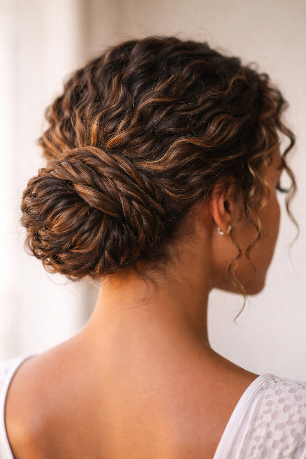 Curved low bun with twists around the nape showing curl texture