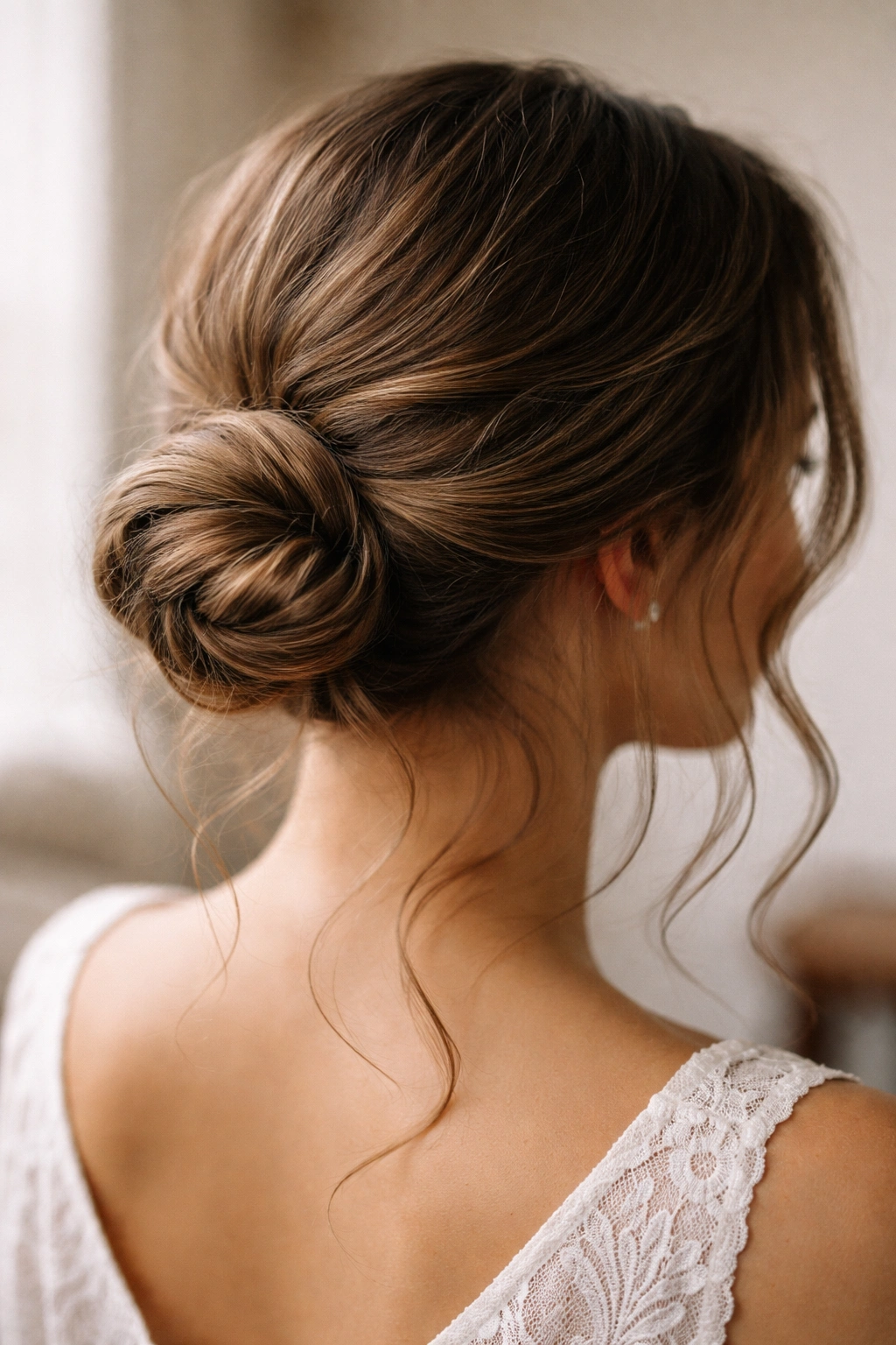 Close-up of curved low bun on nape with wavy hair following a gentle arc