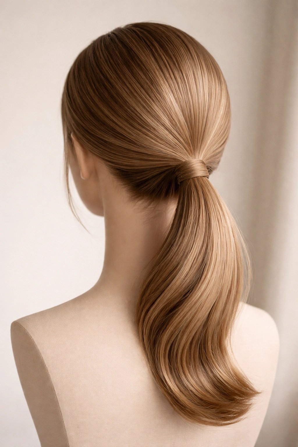 Close-up of a curved low ponytail showing a gentle silhouette