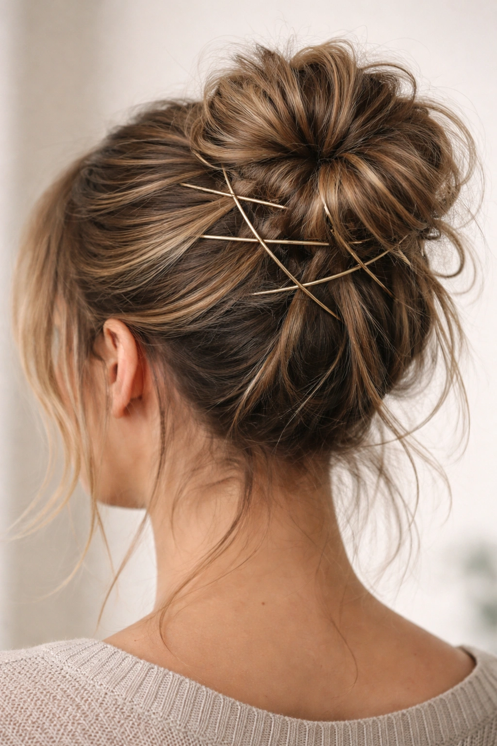 Fluffy curved-pin messy bun with visible lattice pins