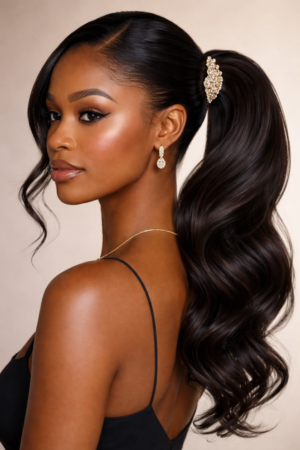 Close-up of a Black woman's curved ponytail with a decorative clip