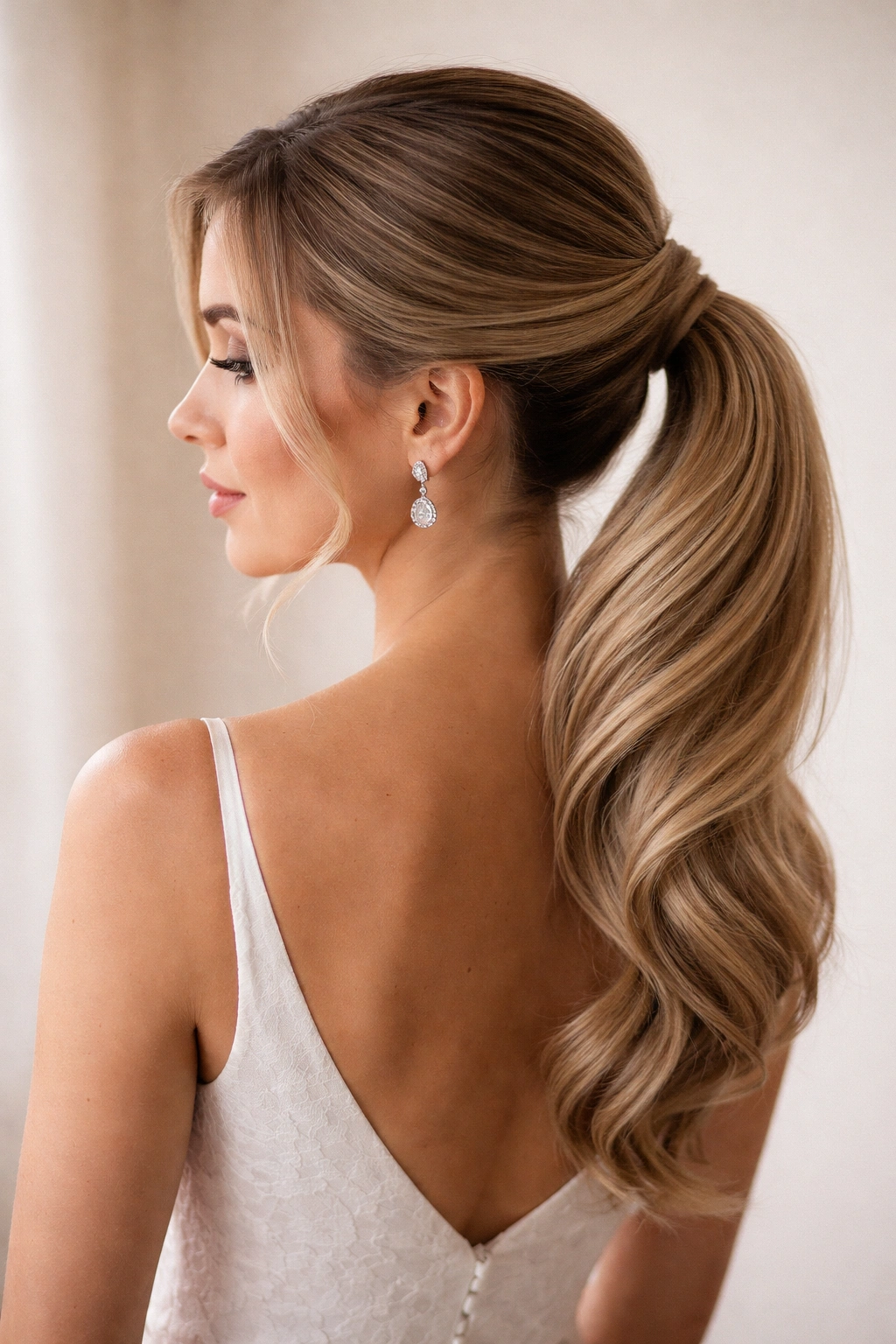 Profile view of a ponytail curved diagonally to the side