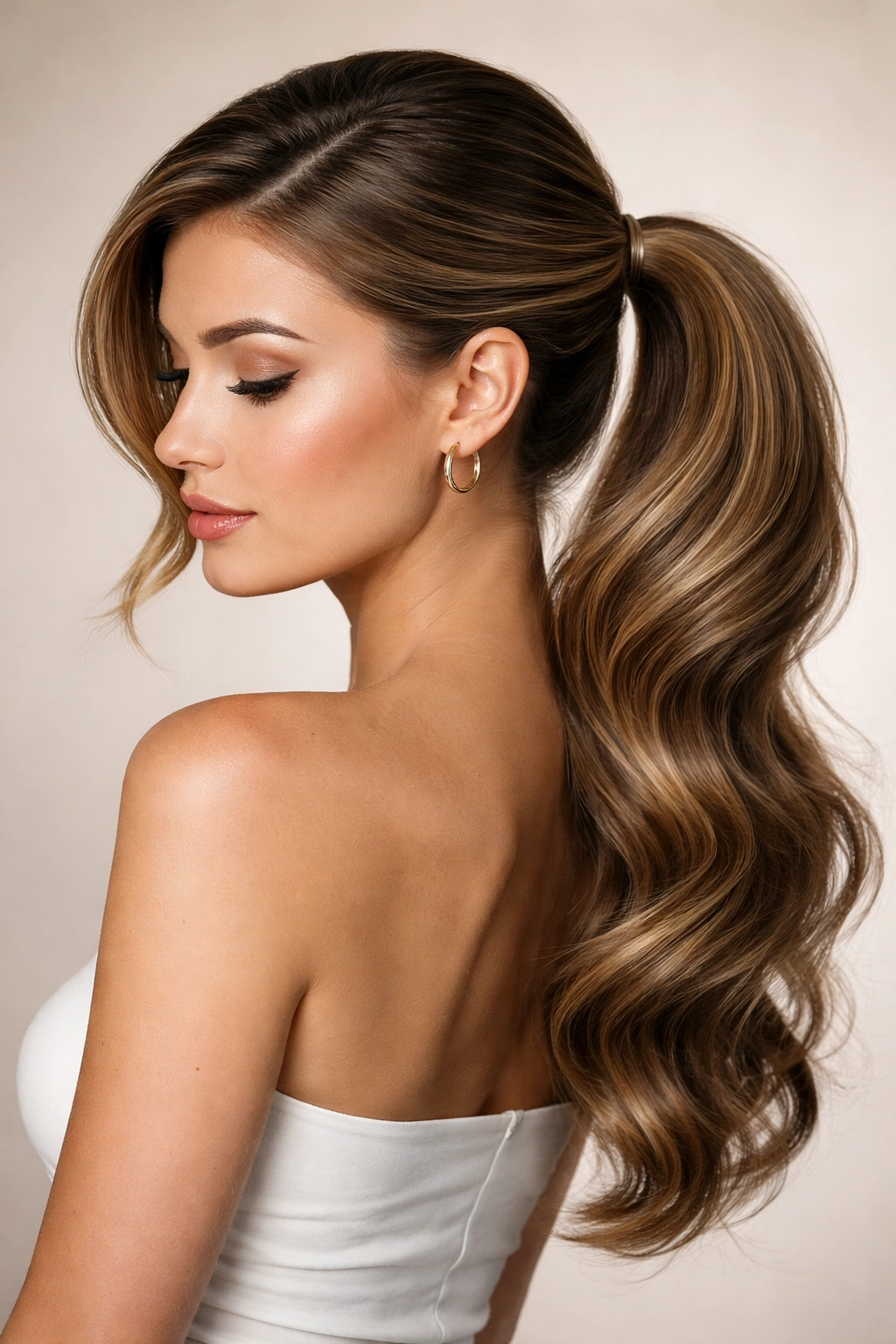Portrait showing a side ponytail with a curved section and visible waves